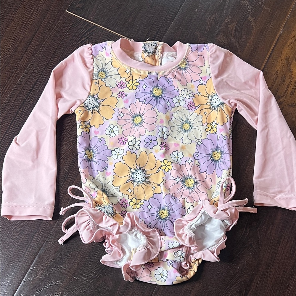 Caden Lane ToddlerFloral Long Sleeve One-Piece Swimsuit - Pink, Lavender, Yellow